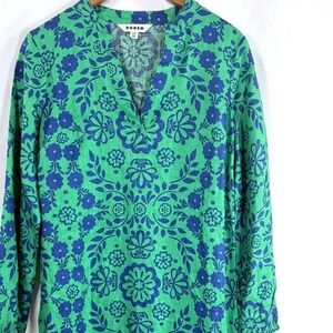 Boden Cleo Linen Tie Waist Dress Green Blue Floral Print Long Sleeve US 8
